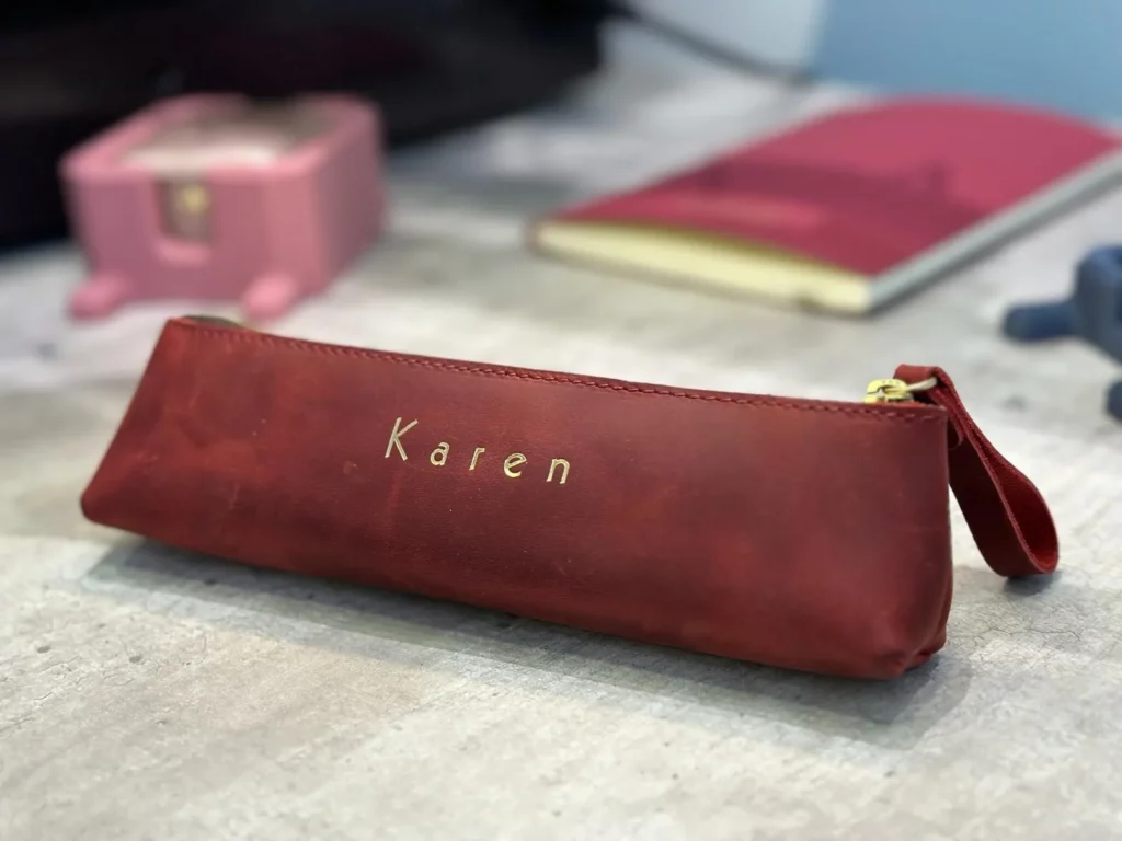 Gold foil embossing on leather pencil case – personalized product